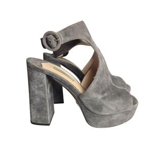 Prada Women's 6.5 Gray Suede Slingback Leather Chunky Heel Platform Sandal Heels